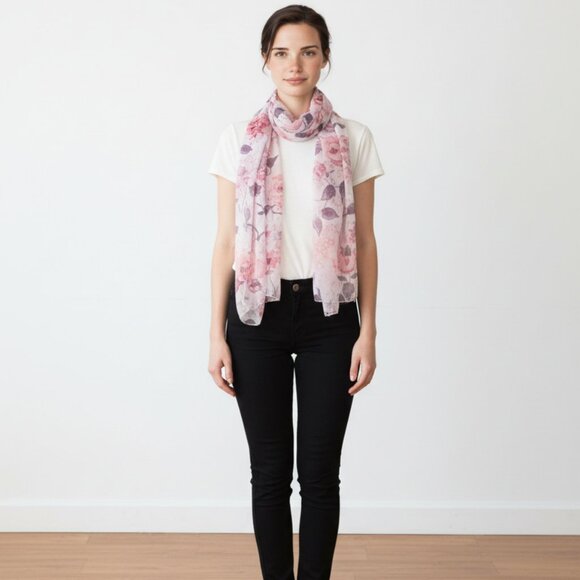 Korean Made Accessories - Korean Dress Scarf in Pastel Pink with Purple and‎ Orange Leaves - NWOT